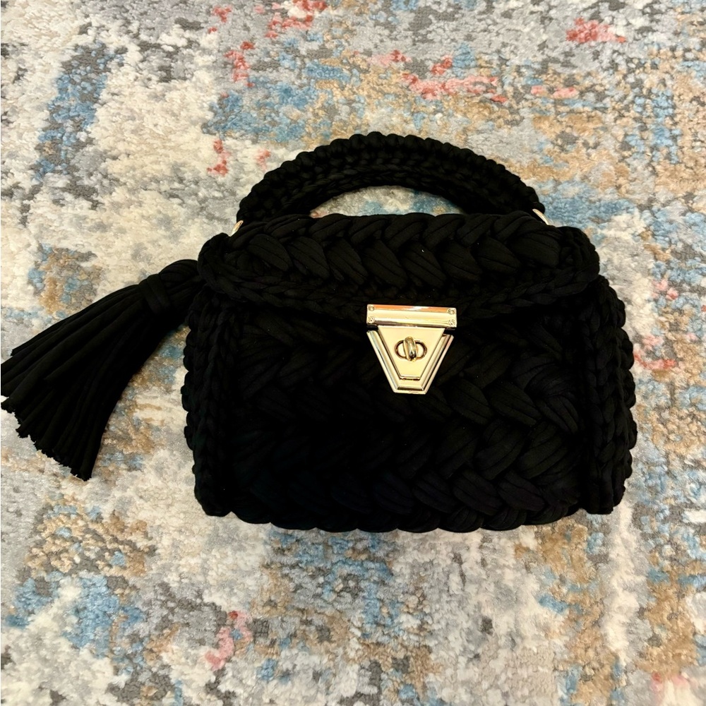 Handbag Handmade Crossbody Woven Purse NEW Black With Gold Crossbody Chain